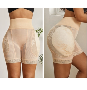 Detail view of high waist tummy control shapewear with floral lace and butt lifter