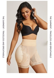 Detail of high-waist body shaper with lace embroidery and breathable mesh panels