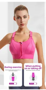 Detailed view of the front zipper lock mechanism on this high-impact pink sports bra