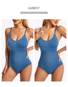 Vorder- und Rückansicht des nahtlosen blaugrauen Bodysuits mit schmalen Trägern