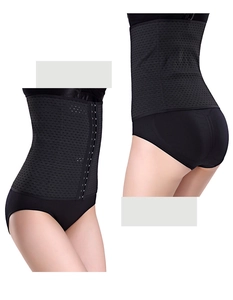 Detail of high waist waist trainer with breathable mesh and adjustable hook-and-eye closure