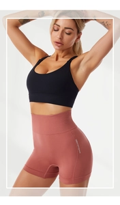 Detail of high-waist seamless ribbed yoga shorts showing tummy control waistband and texture