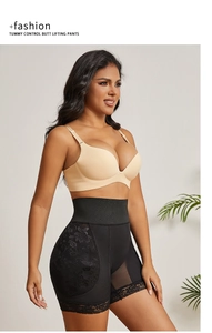 Detail of high waist tummy control pants with side lace embroidery on black fabric