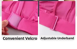 Detail view of pink sports bra with adjustable band and convenient hook and loop closure
