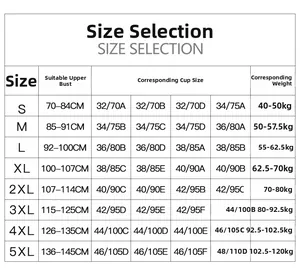 Detailed size chart for sports bras ranging from S to 5XL with cup and bust measurements