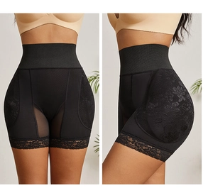 Close-up of high-waisted shaping shorts with lace trim and padding for hip enhancement