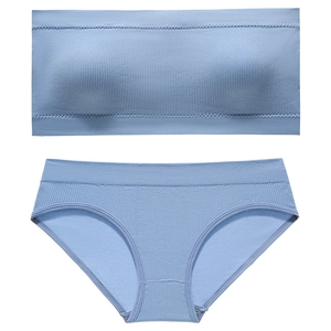 Haze blue seamless ribbed bandeau bra and matching briefs set for a modern look