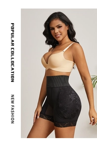 Detail of high waist tummy control shapewear with floral lace and seamless hem finish