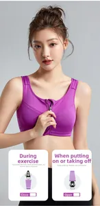 Detail of purple sports bra featuring a secure front auto-lock zipper and breathable fabric