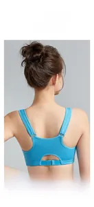 Detailed view of bright blue sports bra with breathable mesh and adjustable back straps