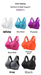 Detailed grid of front zipper sports bras in seven colors with breathable mesh panels