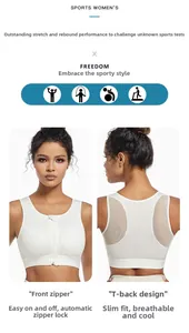 Detailed view of high-impact white sports bra with front zipper and mesh back