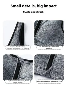 Detail of grey sports bra featuring front zipper closure and wide shoulder straps