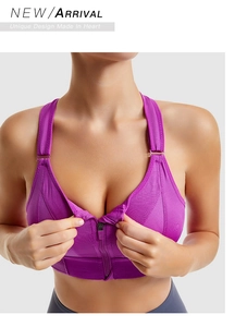 Detailed close-up of purple sports bra featuring front zipper closure and wide hem