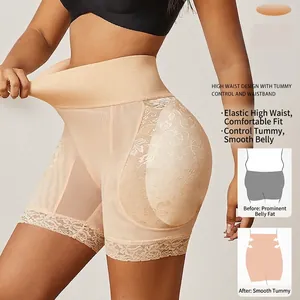 High waist tummy control shapewear with lace details and butt lifting pads in beige