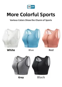 Detailed view of high-impact sports bras with front zippers and breathable mesh in five colors