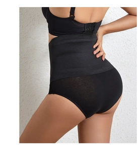 Side view of high-waisted black shapewear panties showing tummy control and butt lift effect