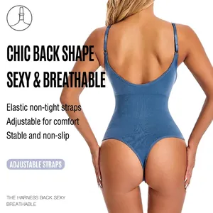Blauer rückenfreier Shapewear-Body mit verstellbaren Trägern und Tanga-Schnitt