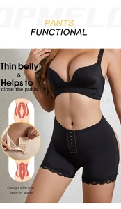 Detail view of high waist body shaper with lace trim and adjustable front buckle closure