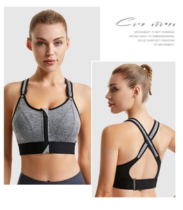 Detailed front zipper and cross back strap design for high impact sports bra support