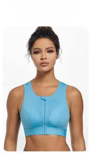 Detailed view of the front zipper closure on a high-support light blue sports bra