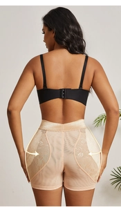 Detailed back view of high waist butt lifting shaper with lace and tension arrows