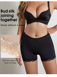 Detail of high waist tummy control shapewear with adjustable front hooks and lace hem