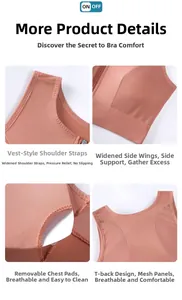 Detail view of pink sports bra with front zipper, mesh racerback and wide straps