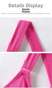 Close-up of wide elastic straps and stitching on rose pink quick-dry sports bra