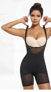Detailed view of black seamless bodysuit with adjustable straps and breathable mesh