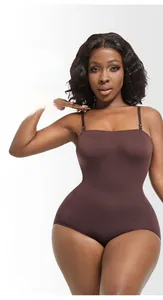 Detailed knit texture of seamless brown shapewear bodysuit for tummy control and body sculpting