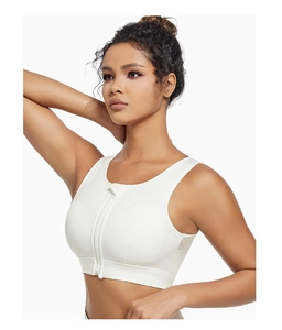 Front zipper detail on white breathable high-impact sports bra with wide straps