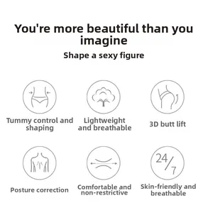 Graphic showing tummy control, breathable fabric, and 3D butt lifting features of bodysuit