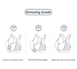 Guide d'utilisation montrant la fermeture éclair et le crochet du soutien-gorge de sport