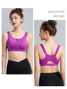 Detailed front and back view of purple sports bra with front zipper and racerback design