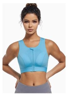 Detailed front view of high-impact light blue sports bra with central zipper closure
