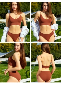 Ensemble de lingerie côtelée marron sans couture avec bretelles réglables et extensibles