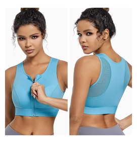 Front zipper sports bra with high-support breathable mesh back detail for yoga and running