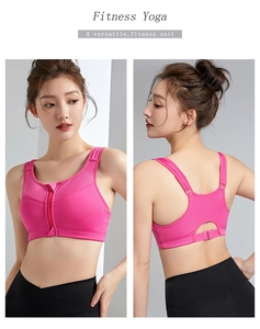 Hot pink racerback sports bra with front zipper and breathable mesh texture for yoga