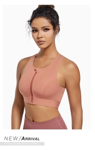 Detailed front zipper close-up of high-impact shockproof sports bra for running and yoga