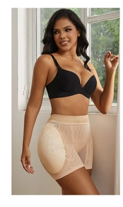Detail view of high waist padded butt lifter pants with breathable lace and beige mesh