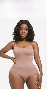 Detail of coffee-colored seamless bodysuit shapewear with vertical ribbed compression