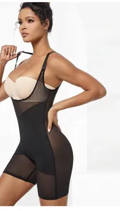Side view of black shapewear bodysuit featuring mesh panels and adjustable straps