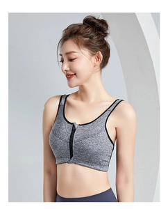 Front zipper gray sports bra with wide straps and racerback design for gym workout