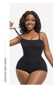 Detail of black seamless bodysuit featuring ribbed texture and adjustable spaghetti straps