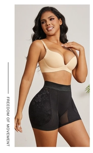 Detail of high waist shaping shorts in black with floral lace and breathable mesh panels