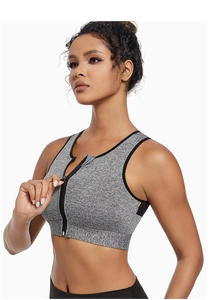 Detailed front view of grey high-impact sports bra with zipper and elastic underband