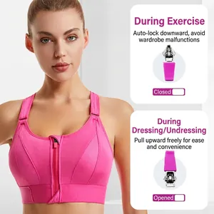 Magenta high-impact sports bra with front zipper closure and breathable mesh panels