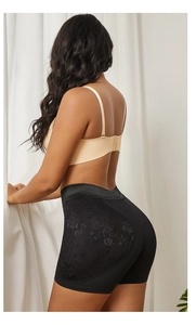 Detail view of high waist hip enhancer with floral lace and shaping pads for women