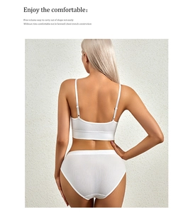U-shaped back design of white ribbed cotton wireless bra and high waist panties set